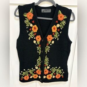 Never worn! Beautiful Black Bohemian & Whimsical V-neck Floral Knit Sweater Vest